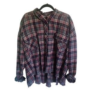 BP. Nordstrom Long Sleeve Raw Edge Plaid Button Down Shirt Gray Blue Red Size 3X